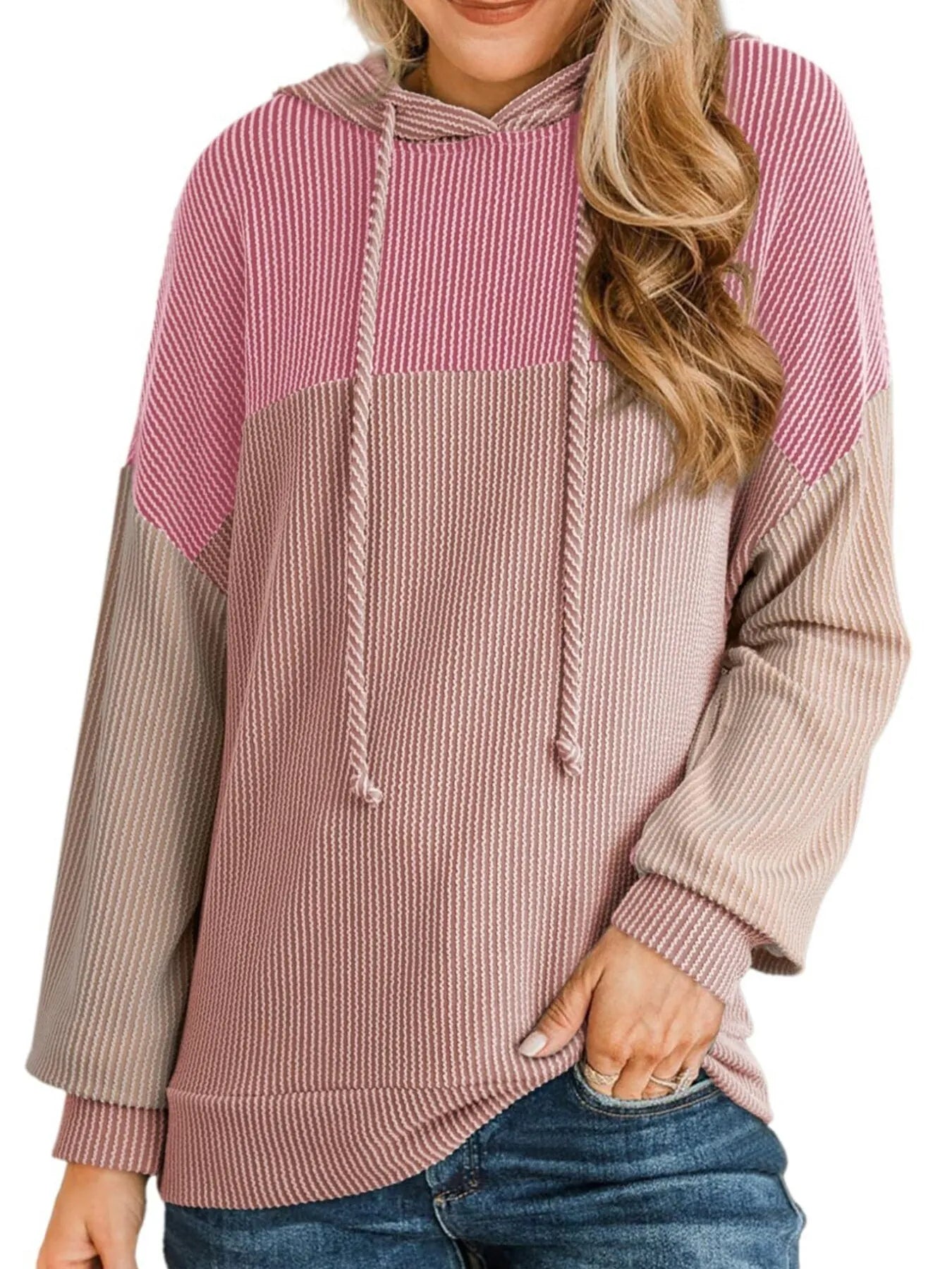 Color-block long-sleeve hoodie with hood and drawstring, mauve/pink upper, cream body, beige sleeves