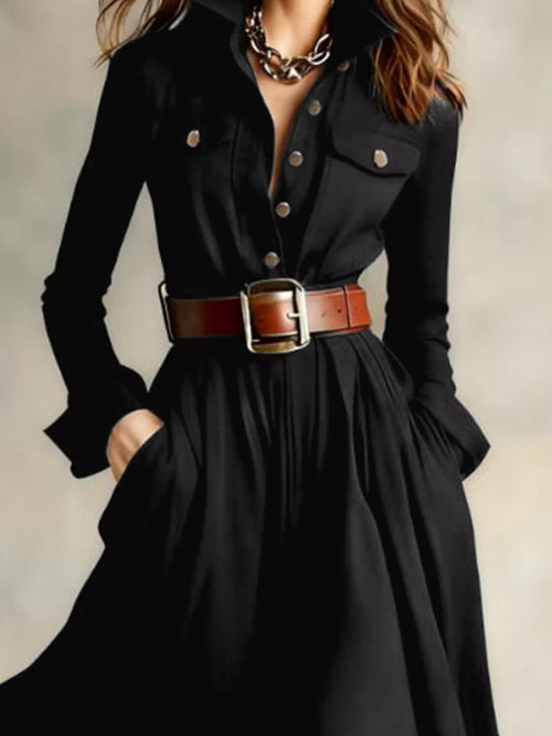 Black button-front long sleeve maxi dress with chest buttons and waist belt