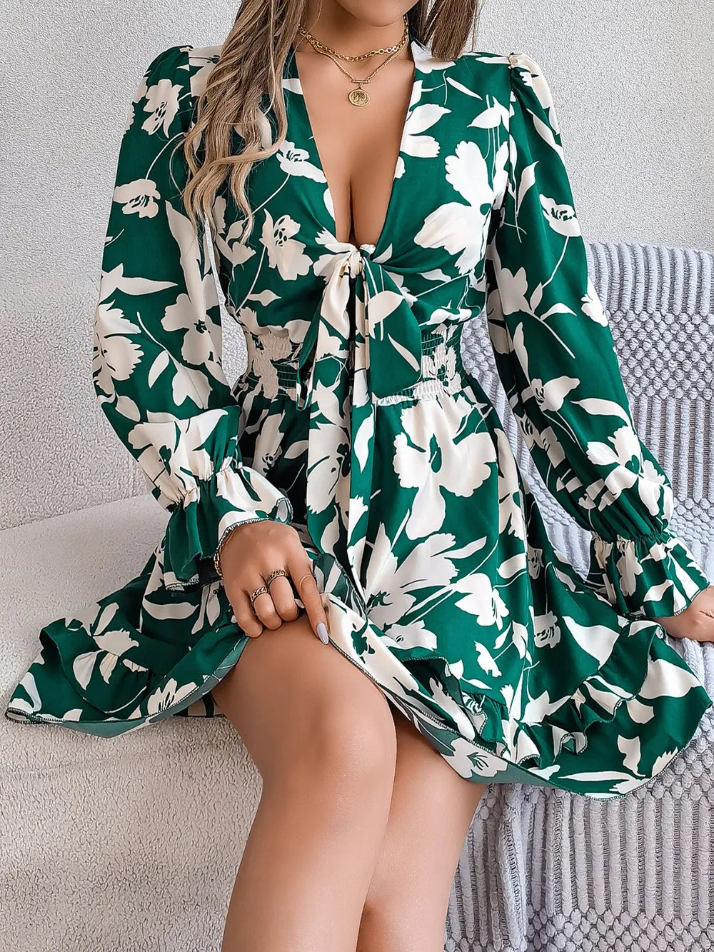 Green floral long-sleeve dress, tied V-neck and gathered ruffled skirt