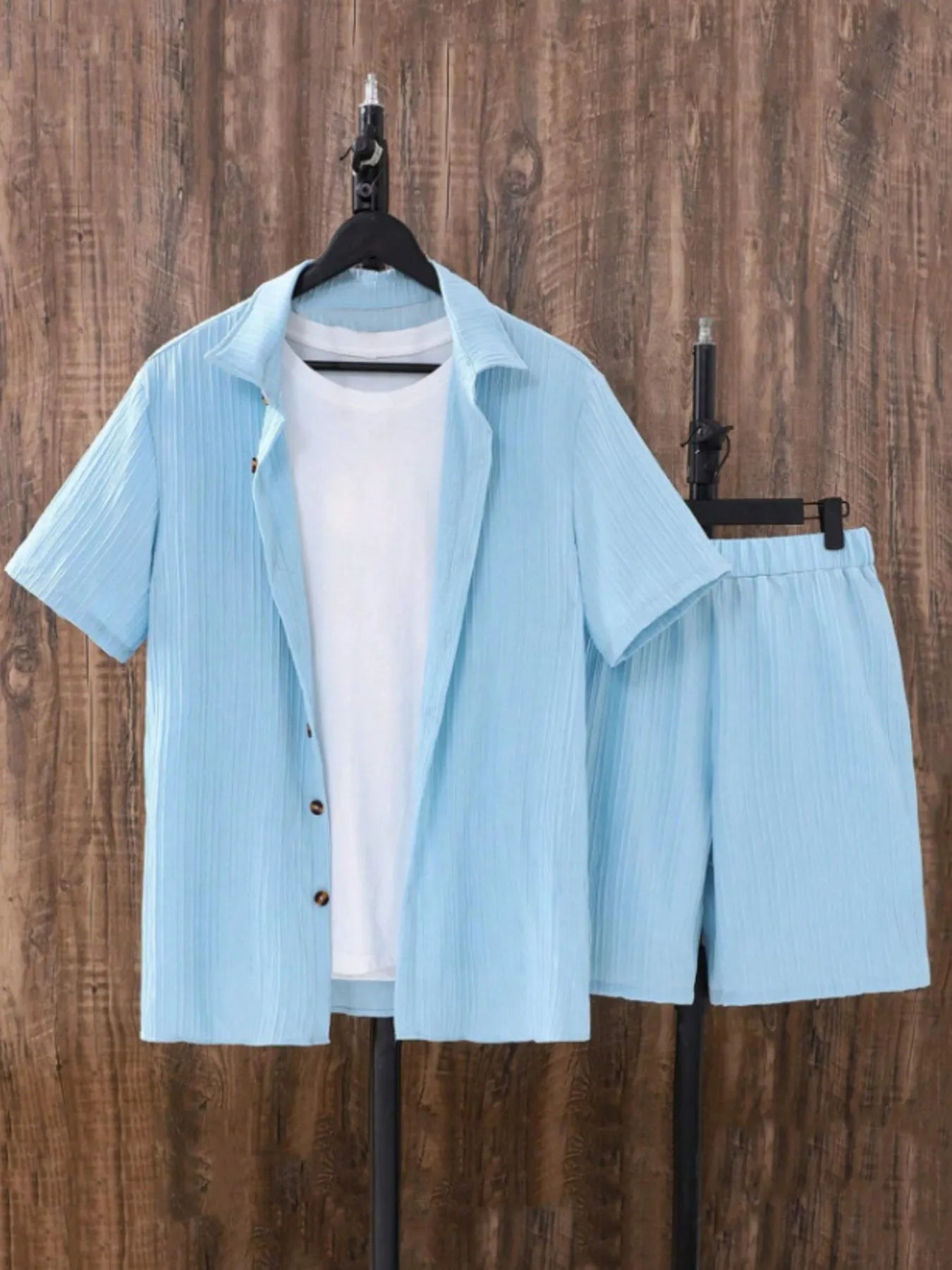 Men's plus size light blue short sleeve button-up shirt and matching shorts set