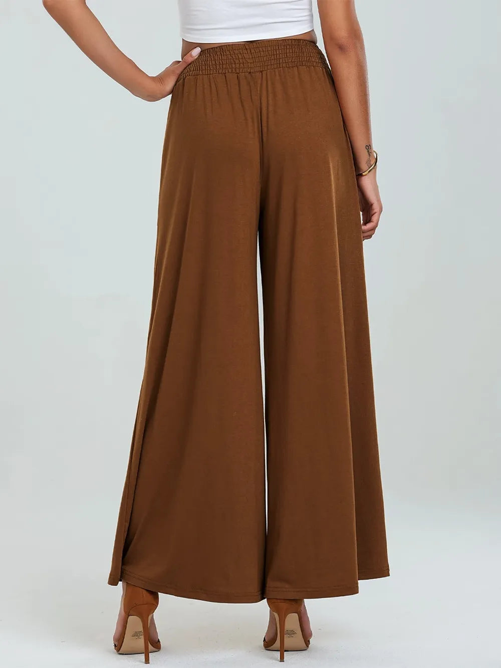 Caramel-brown elastic-waist wide-leg pants with side pockets, long flared legs