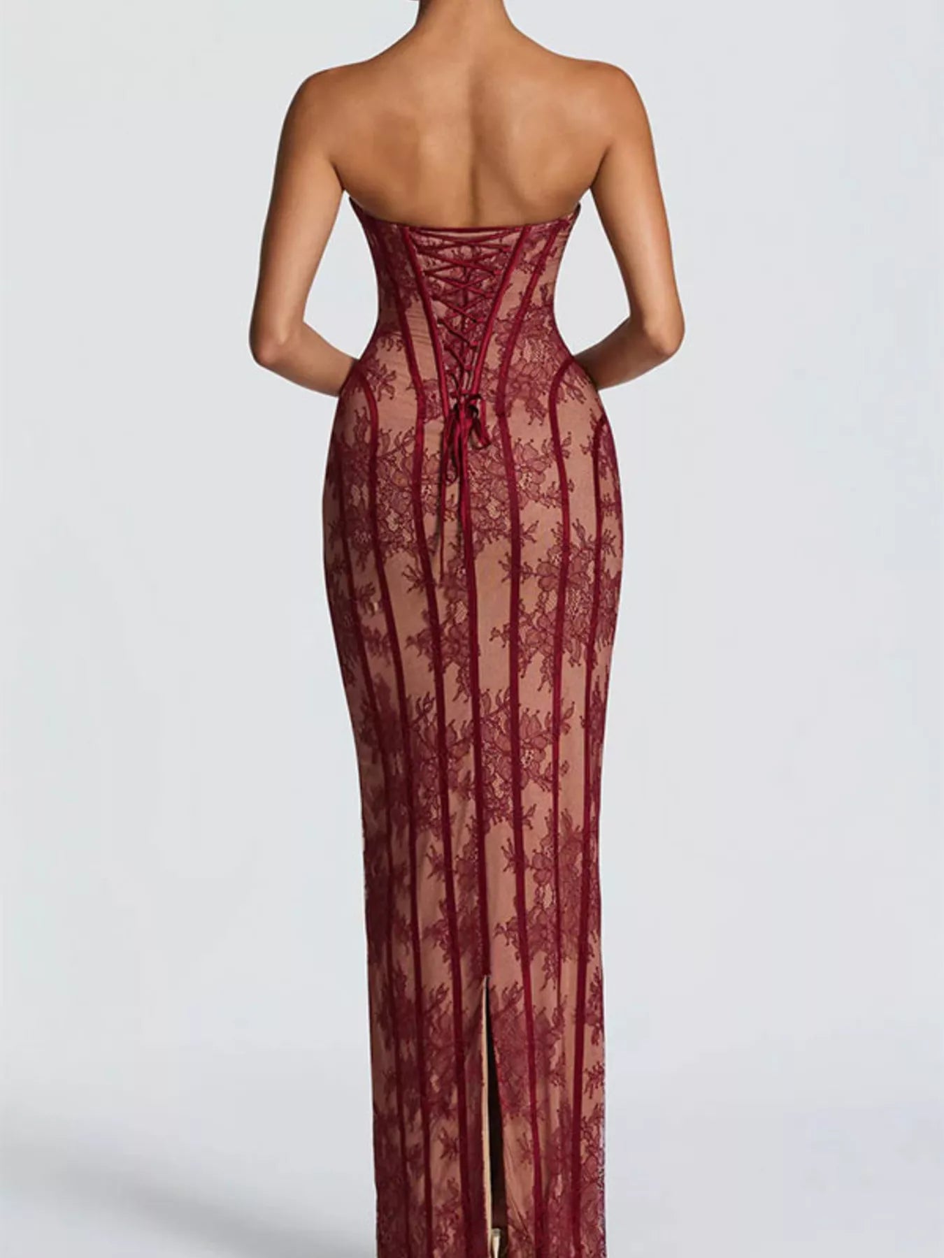 Cedar & Moore Lace Up Back Strapless Maxi Dress by Trendsi in burgundy lace with corset-back lace-up and back slit
