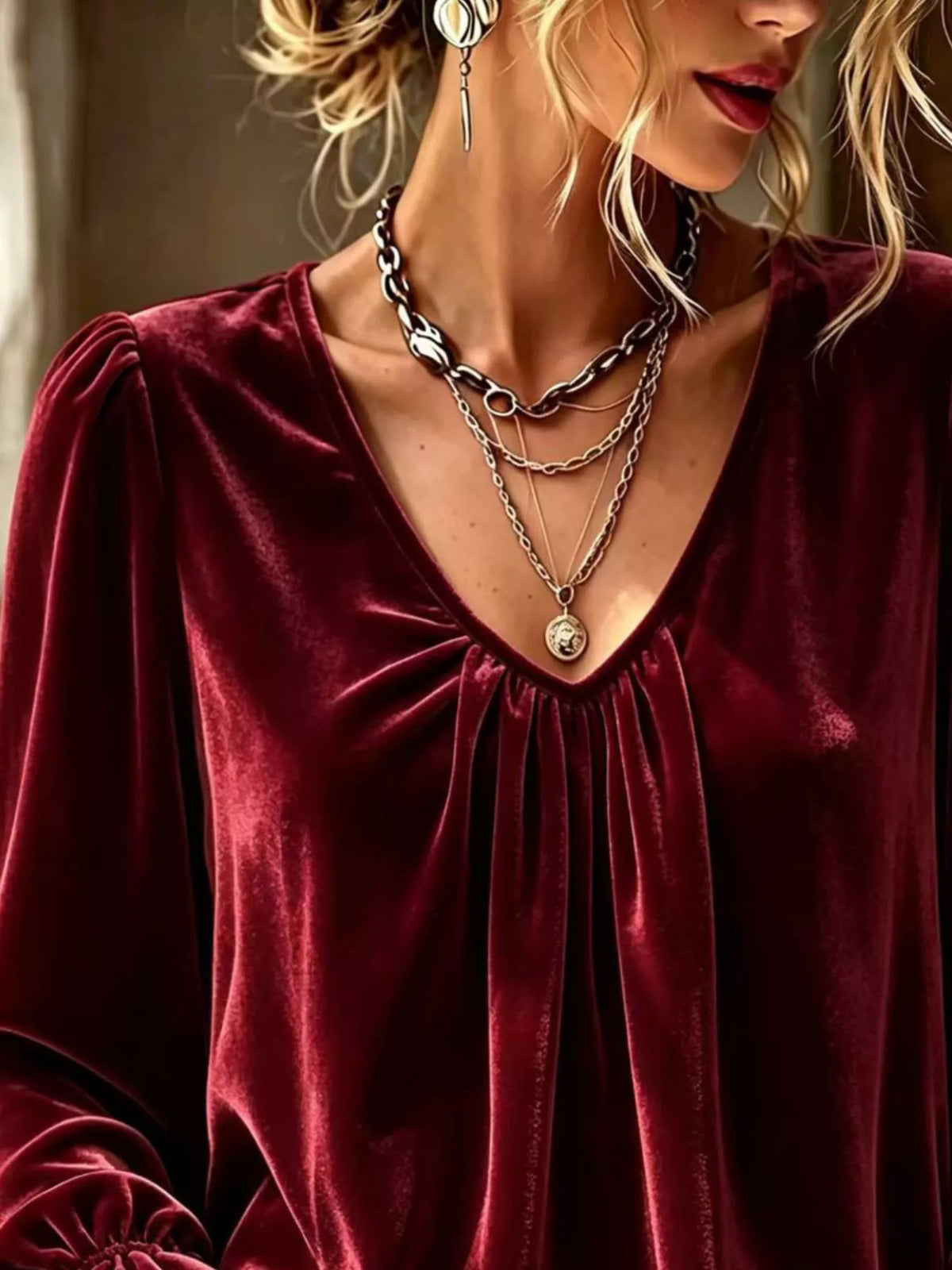 Burgundy satin V-neck blouse with ruched neckline and gathered flounce sleeves