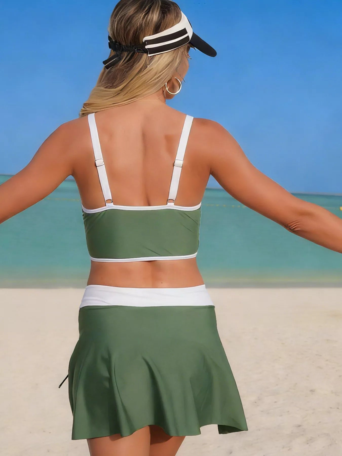 Contrast Trim Drawstring Swim Set, olive green with white trim; swimsuit with adjustable straps and skirt.