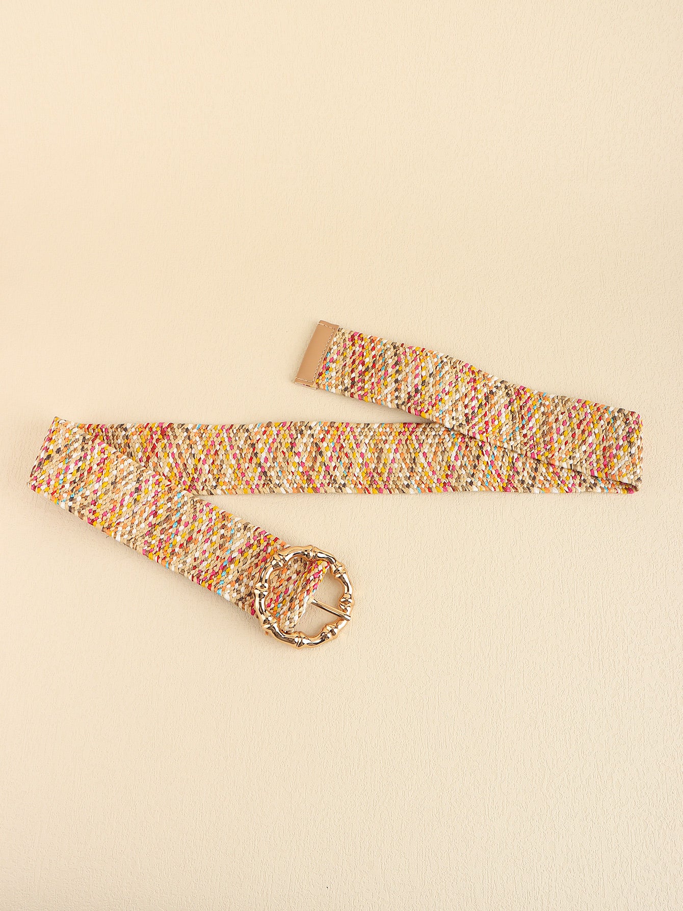 Multicolored wide belt with woven fabric and gold-toned clasp ring