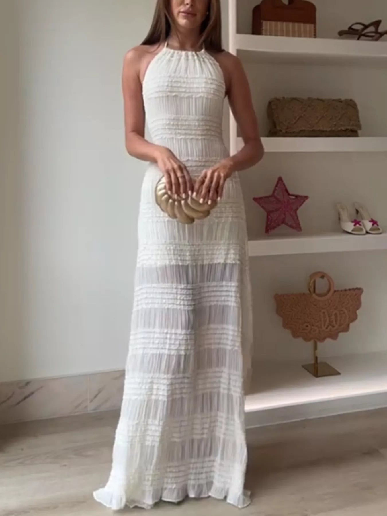 Cedar & Moore Ruched Halter Neck Maxi Dress, white, smocked detailing
