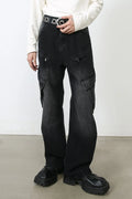 Dark baggy cargo jeans with side cargo pockets and wide straight legs