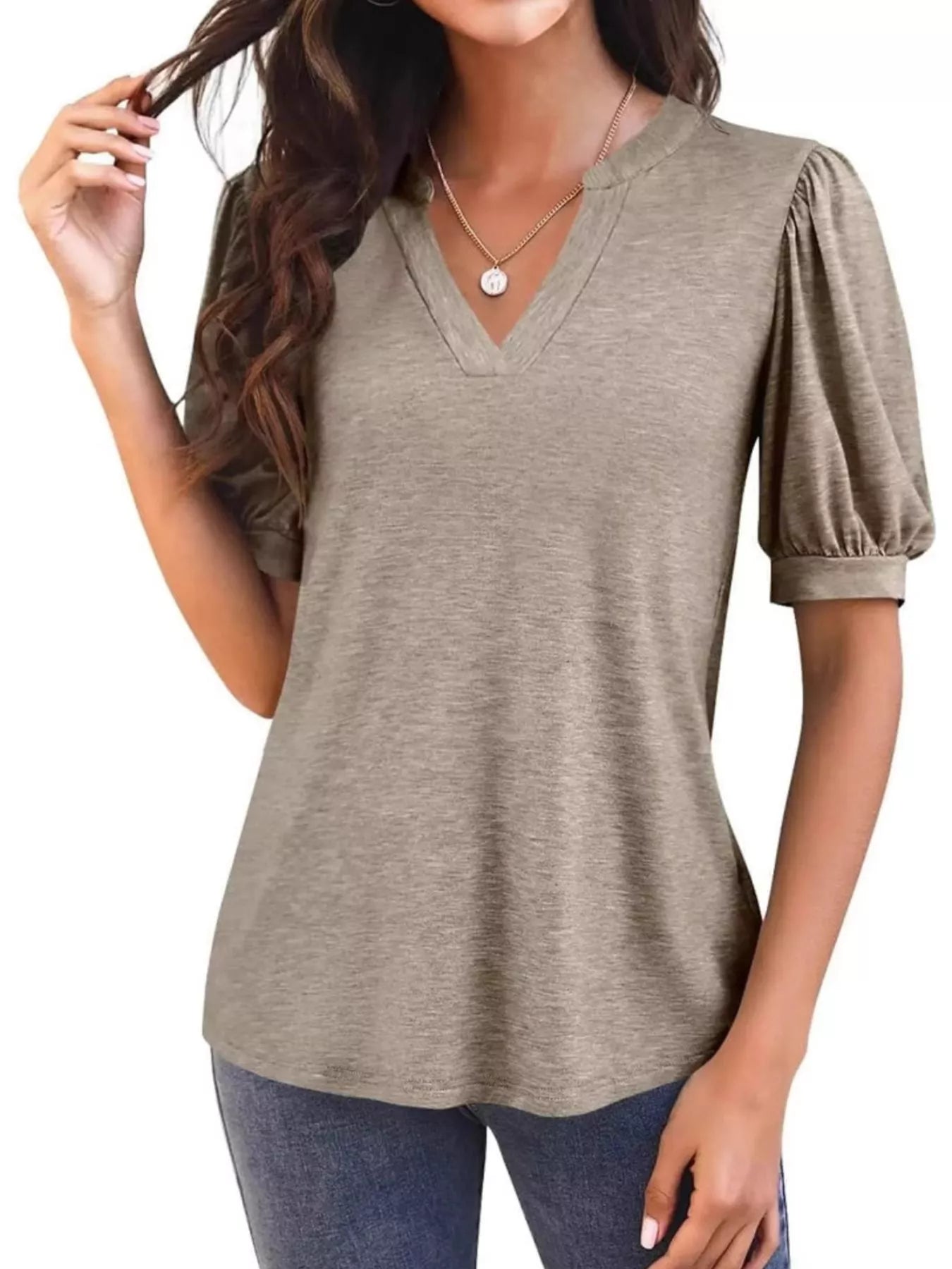 Cedar & Moore Puff Sleeve Notched Casual T-Shirt by Trendsi, taupe knit with a notched V-neck and puff sleeves