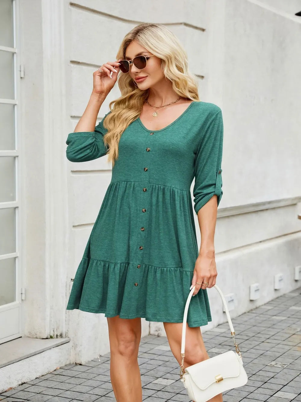 Tiered ruched teal V-neck mini dress with button-front detail by Trendsi