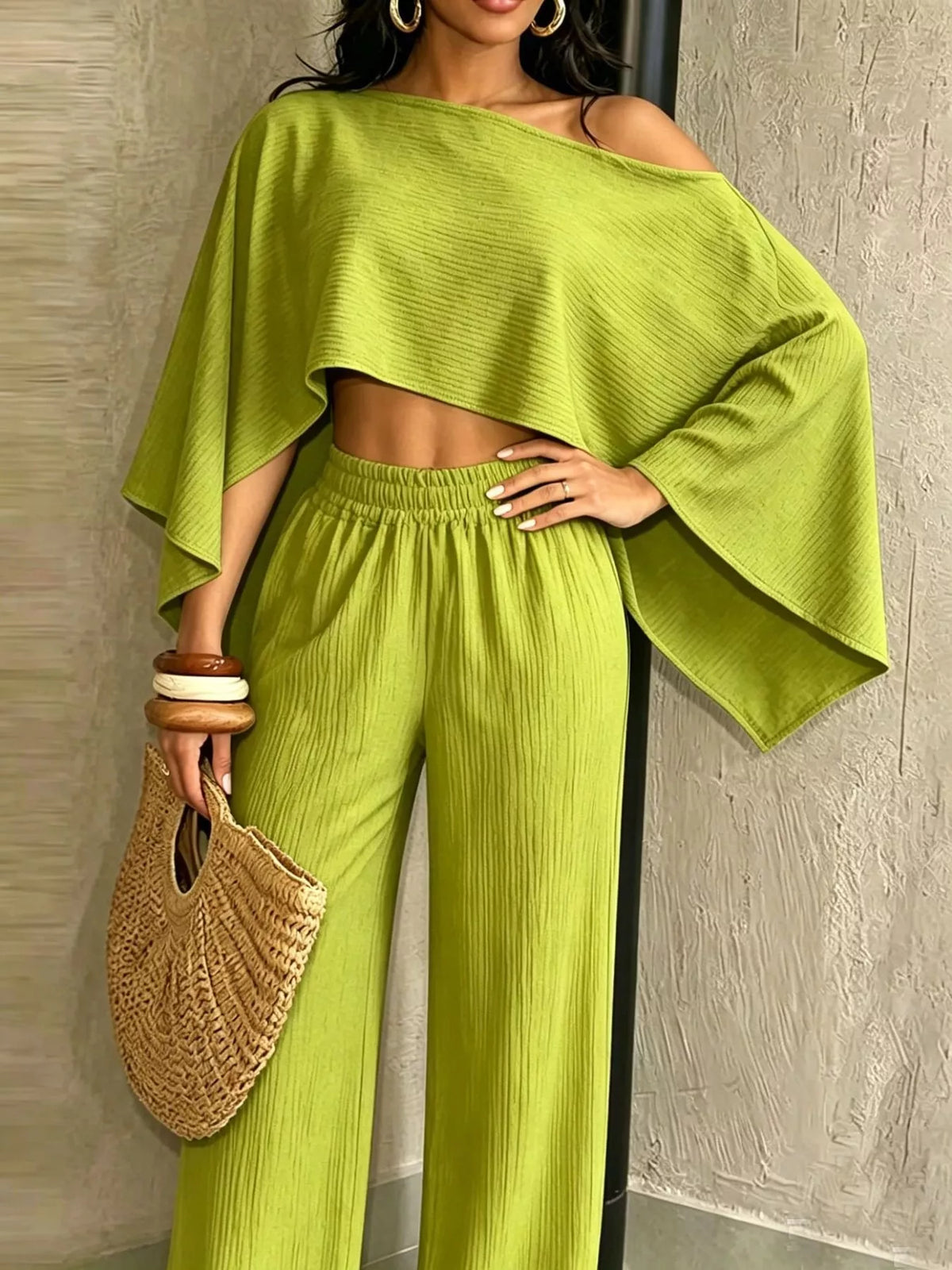 Lime green boat-neck crop top and wide-leg pants set with wide-leg drape and elastic waist