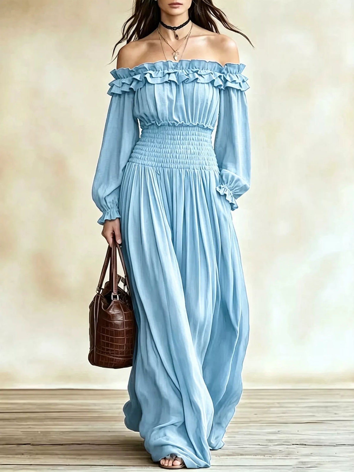 Light blue off-shoulder ruffled maxi dress with smocked waist and long puff sleeves