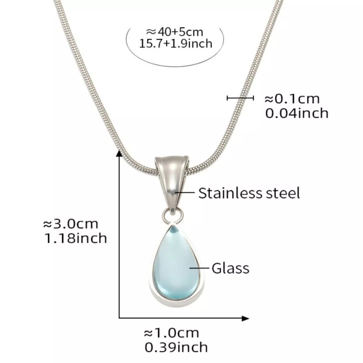 Silver-tone stainless steel teardrop necklace with blue glass pendant