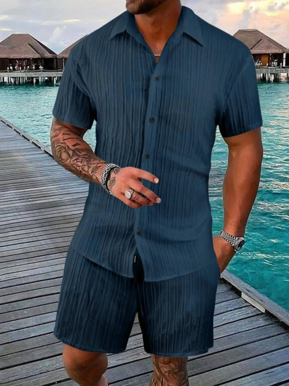Men's short sleeve button-down shirt and shorts set, teal-blue striped texture