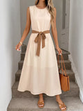 Cedar & Moore Sleeveless A-Line Midi Dress, cream with brown belt, Trendsi