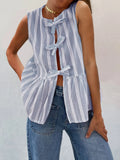Light blue striped sleeveless tank top with round neck and bow-tie front