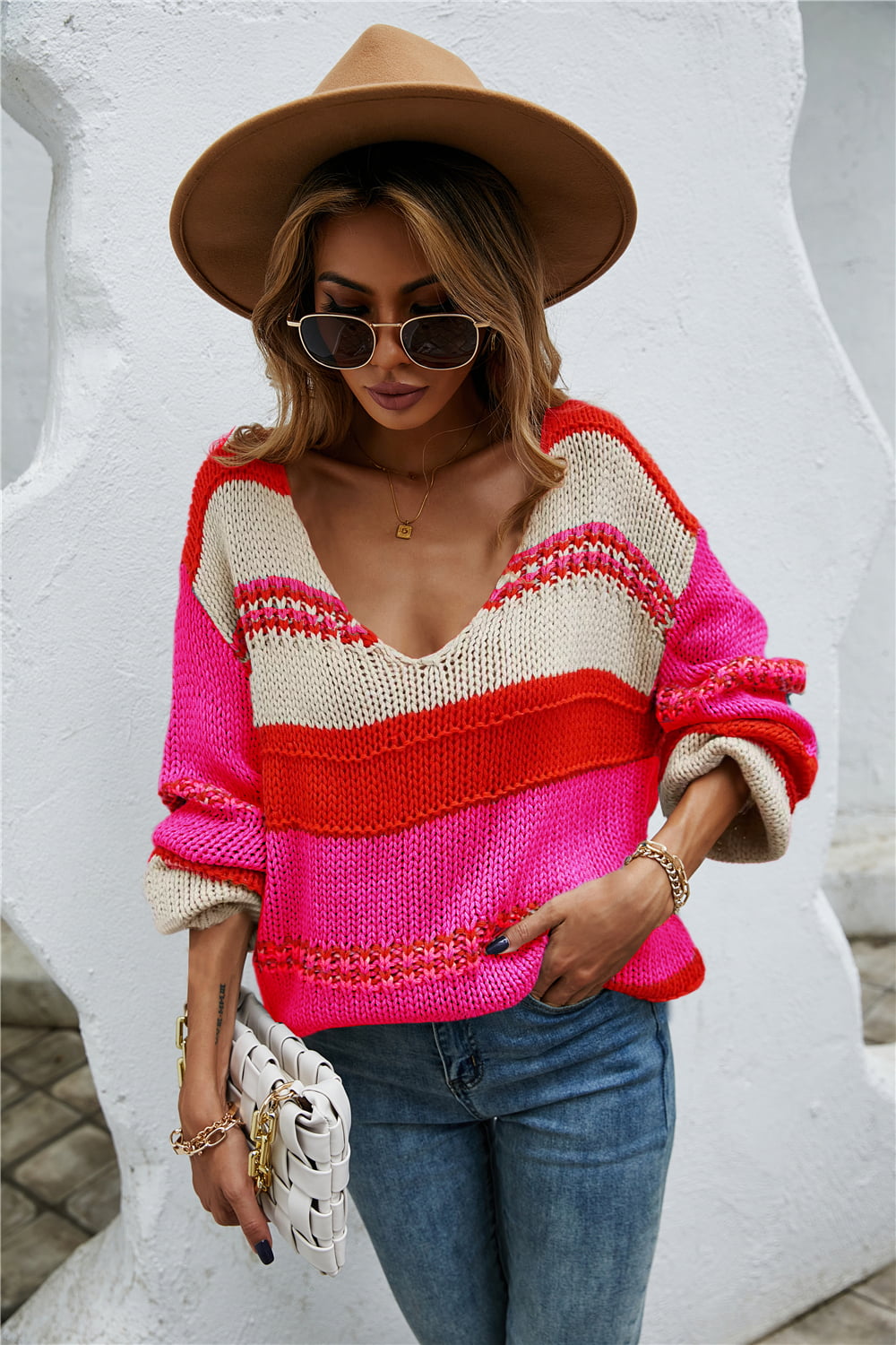Color-block scoop neck sweater, hot pink, cream, and orange-red horizontal stripes