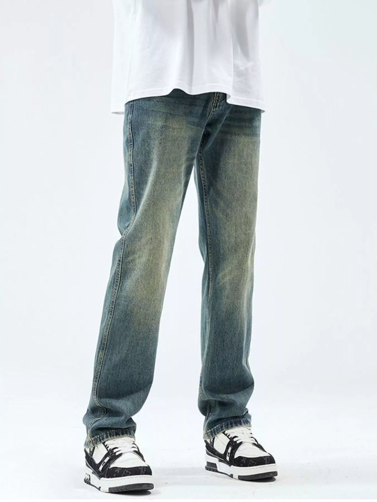 Men's slim-fit washed stretch jeans, vintage blue with ankle cuff detail