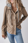 Mocha ribbed button-up hooded jacket with drawstring and long sleeves