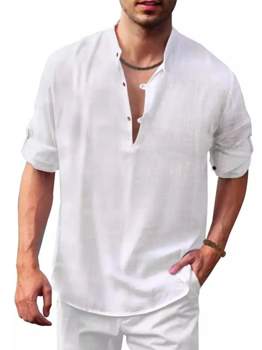 Men's white half-button long sleeve shirt with split neckline