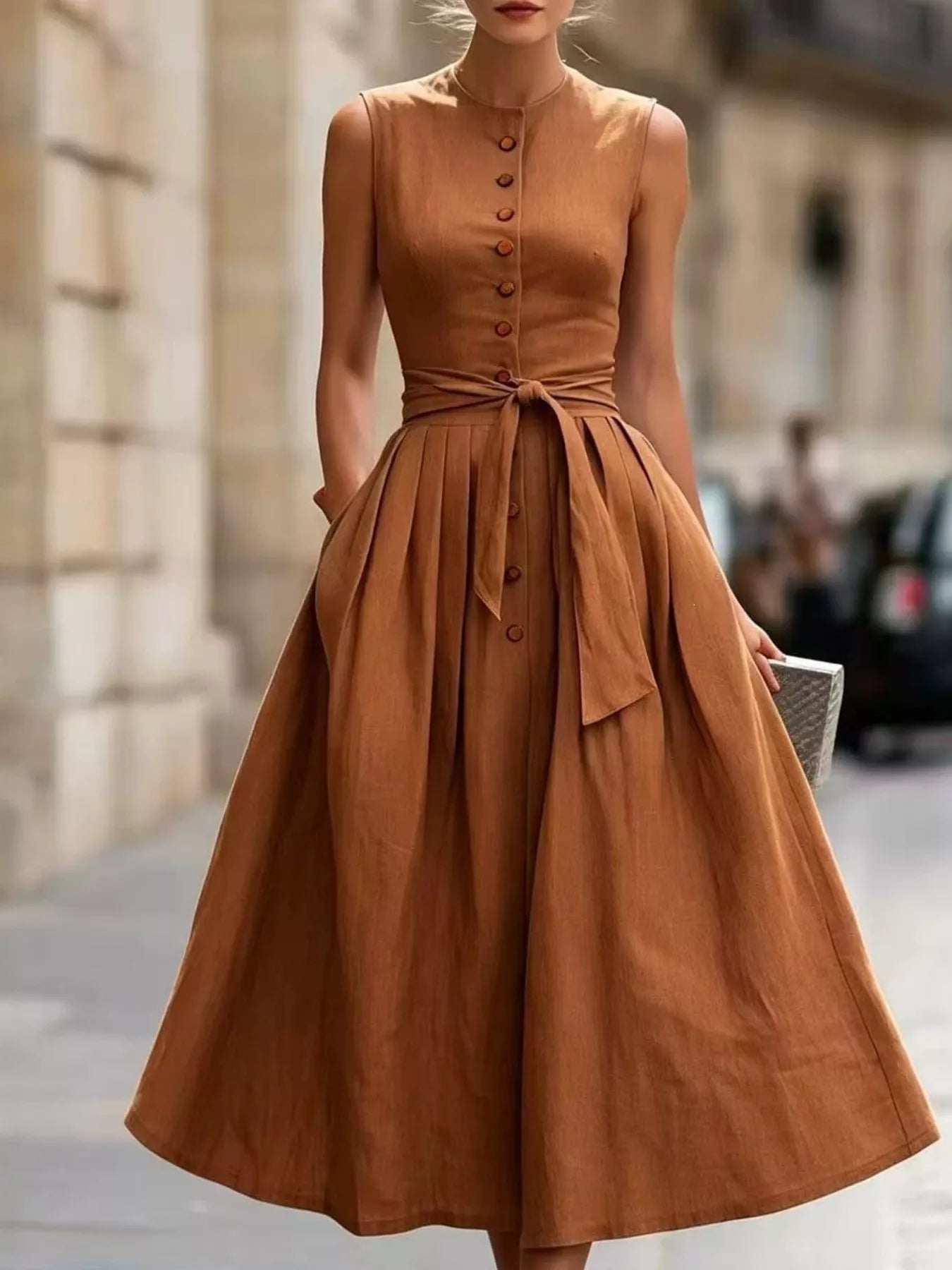 Caramel sleeveless button-front belted midi dress with tied waist belt and full skirt