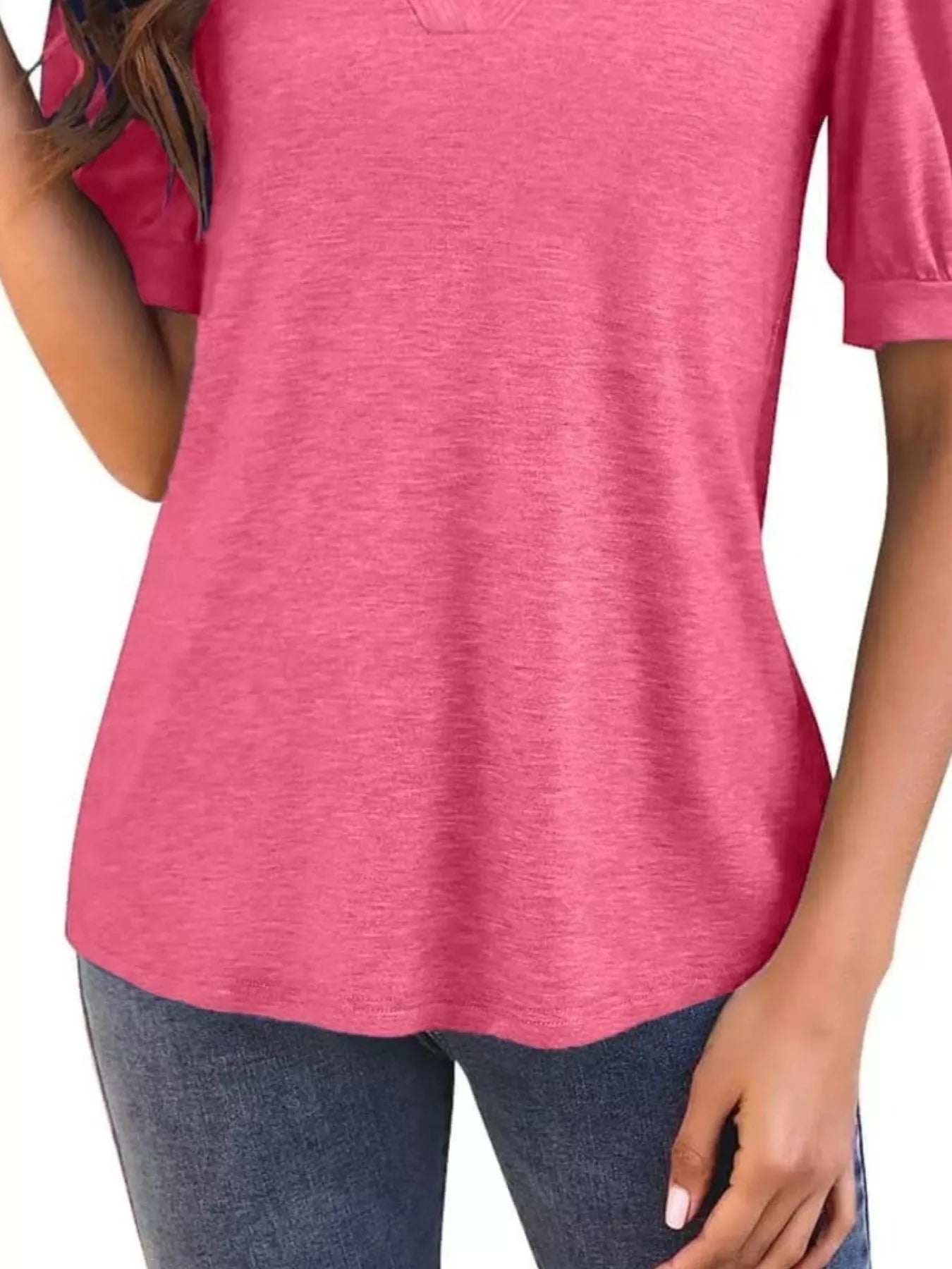 Cedar & Moore Puff Sleeve Notched Casual T-Shirt in pink by Trendsi