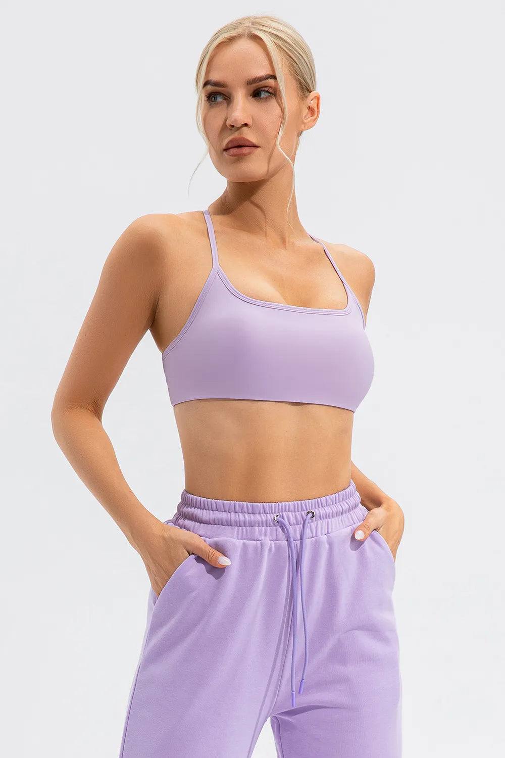 Lilac active cami with spaghetti straps and scoop neckline, cropped fitted bust