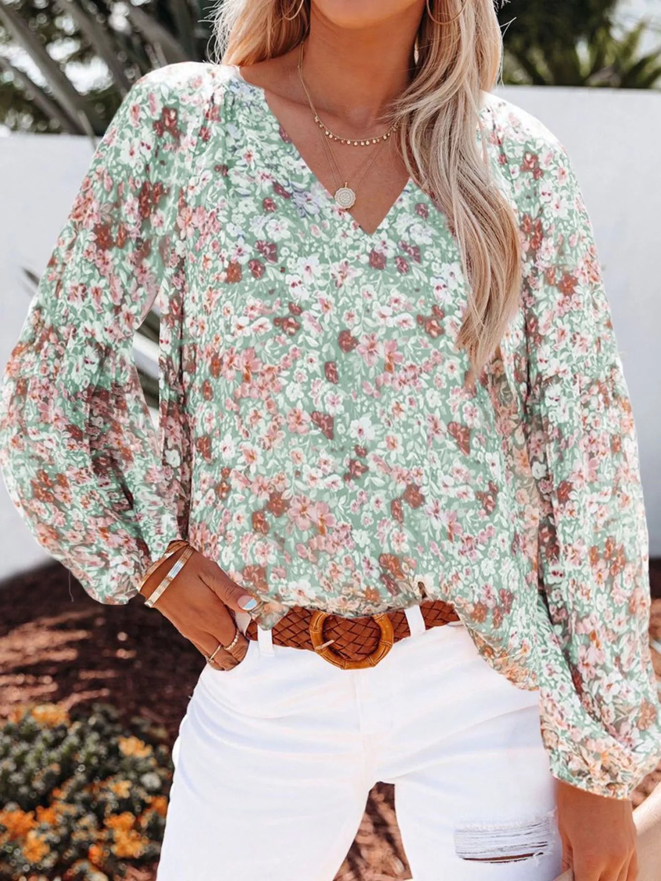 Cedar & Moore Full Size Floral Print V-Neck Long Sleeve Blouse, green floral pattern, Trendsi
