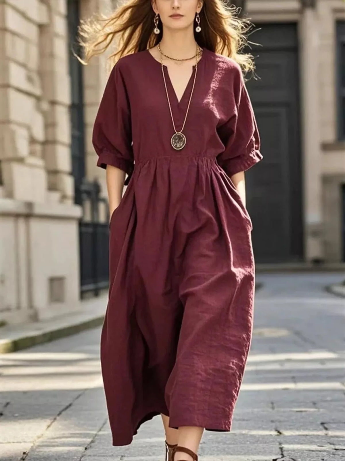 Wine red notched V-neck midi dress with half sleeves and gathered waist