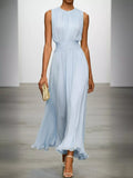 Light blue sleeveless ruched chiffon maxi dress with gathered waist and flowing skirt