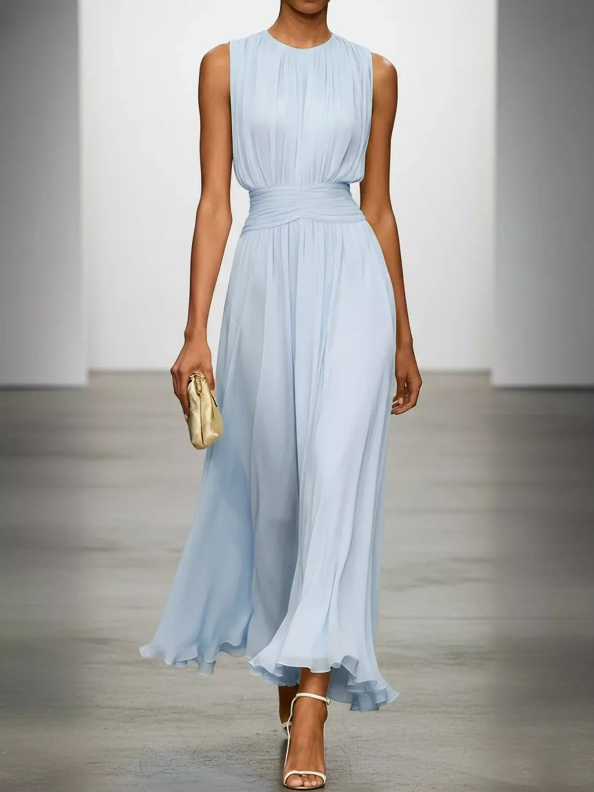 Light blue sleeveless ruched chiffon maxi dress with gathered waist and flowing skirt