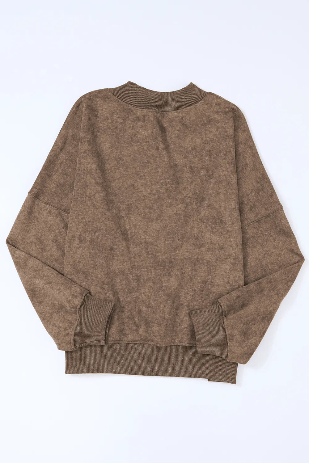 Taupe mock neck dropped-shoulder sweatshirt, back view with ribbed hem
