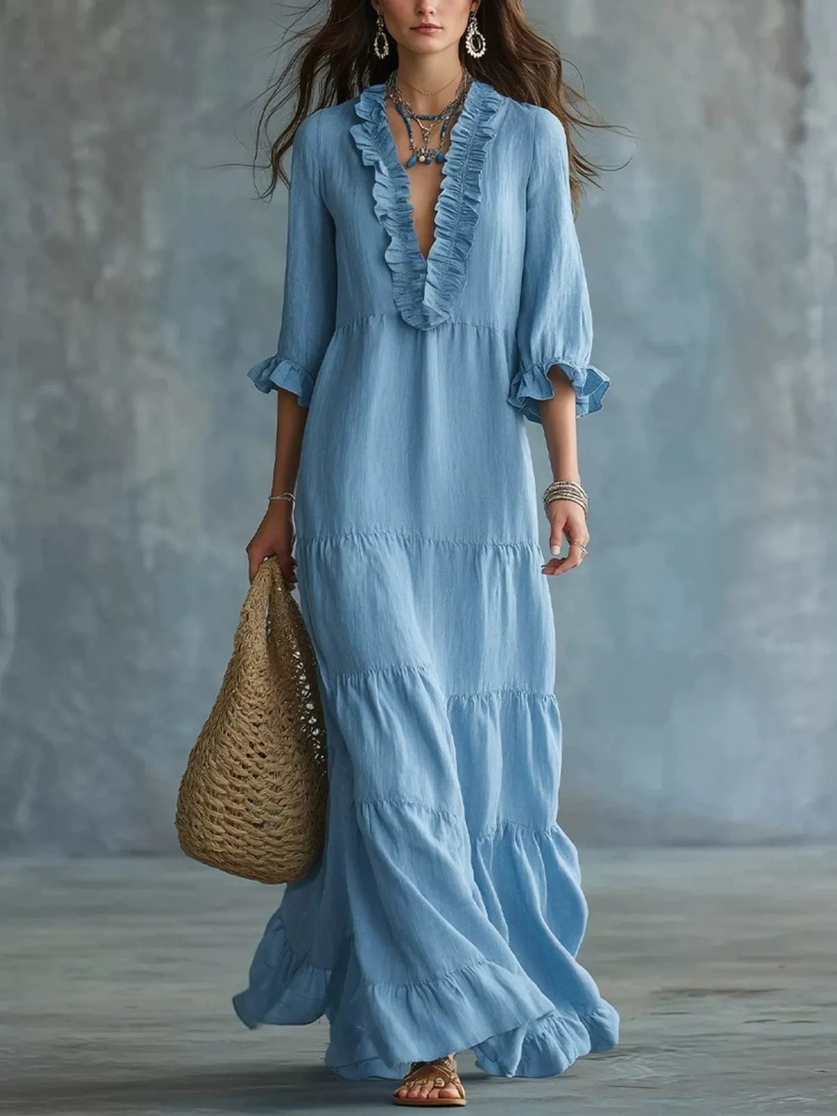 Sky blue ruffled V-neck tiered maxi dress with three-quarter sleeves