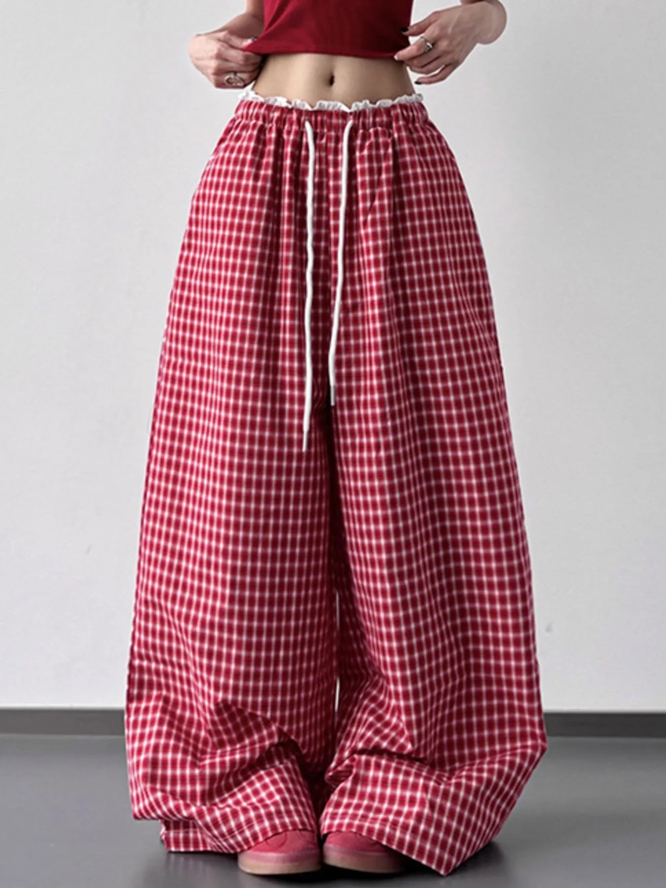 Drawstring plaid wide-leg pants, red with white check, wide leg silhouette
