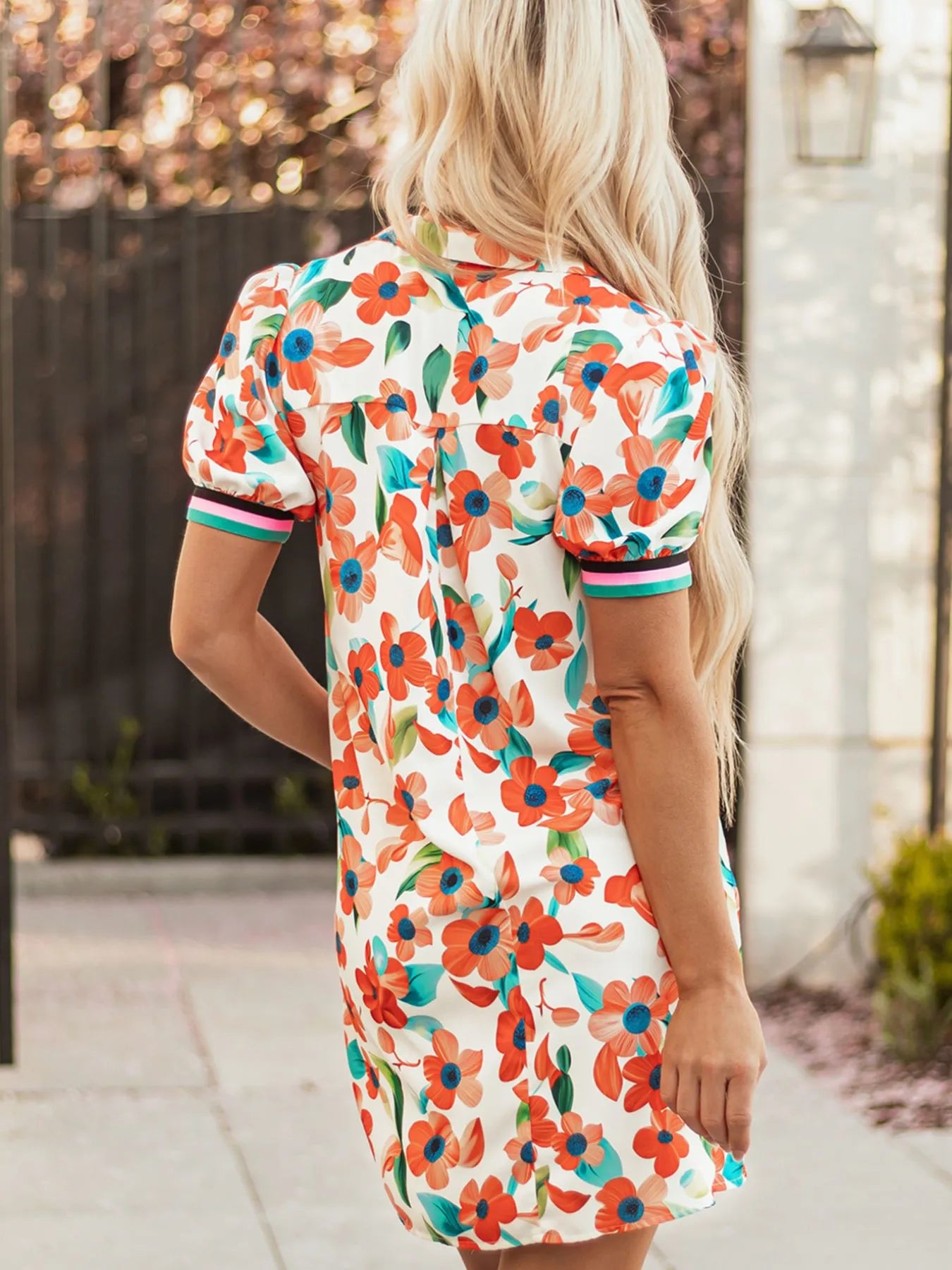 Dress by Trendsi: floral split-neck puff-sleeve mini with contrast trim on white base