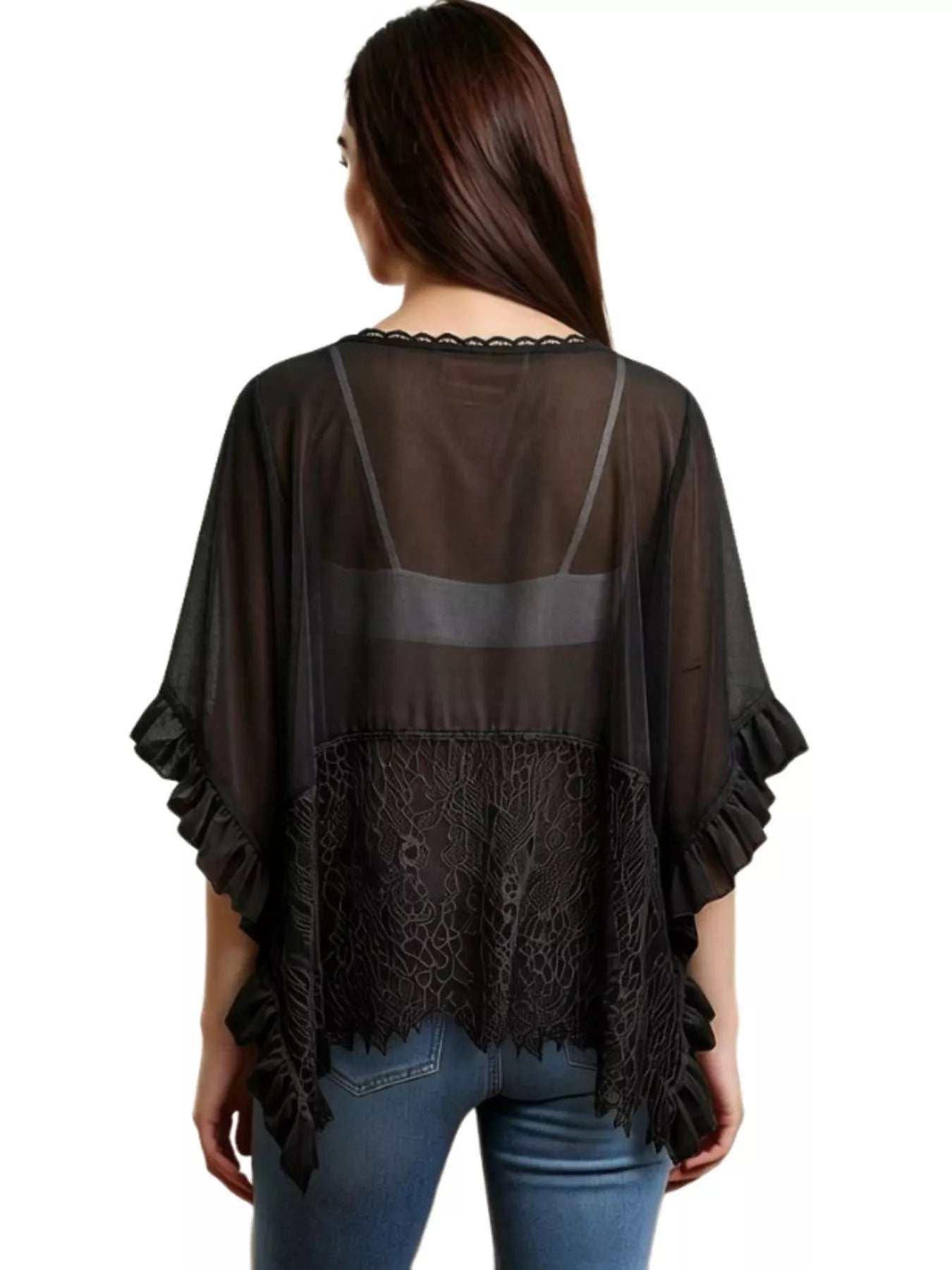 Cedar & Moore Lace Trim Flowy Cover-Up, black sheer lace with scalloped neckline and ruffled sleeves.