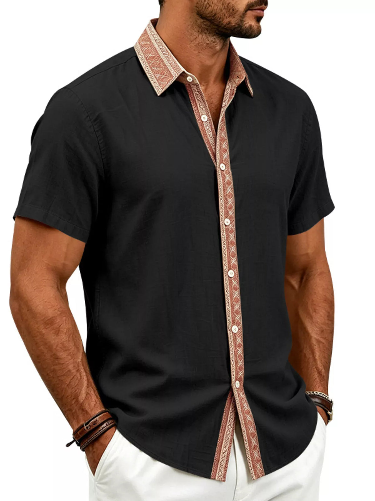 Black men’s short sleeve cotton stretch shirt with patterned center button placket