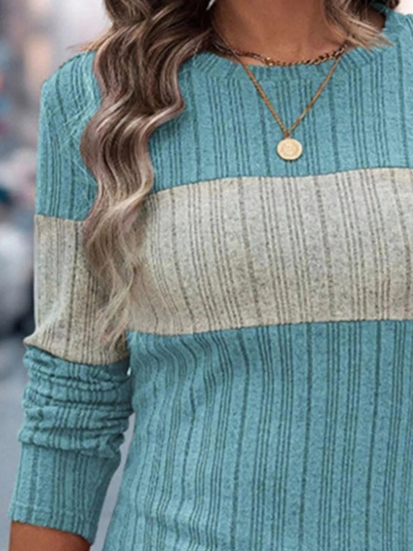 Teal and heathered cream color-block round-neck sweater with ribbed long sleeves