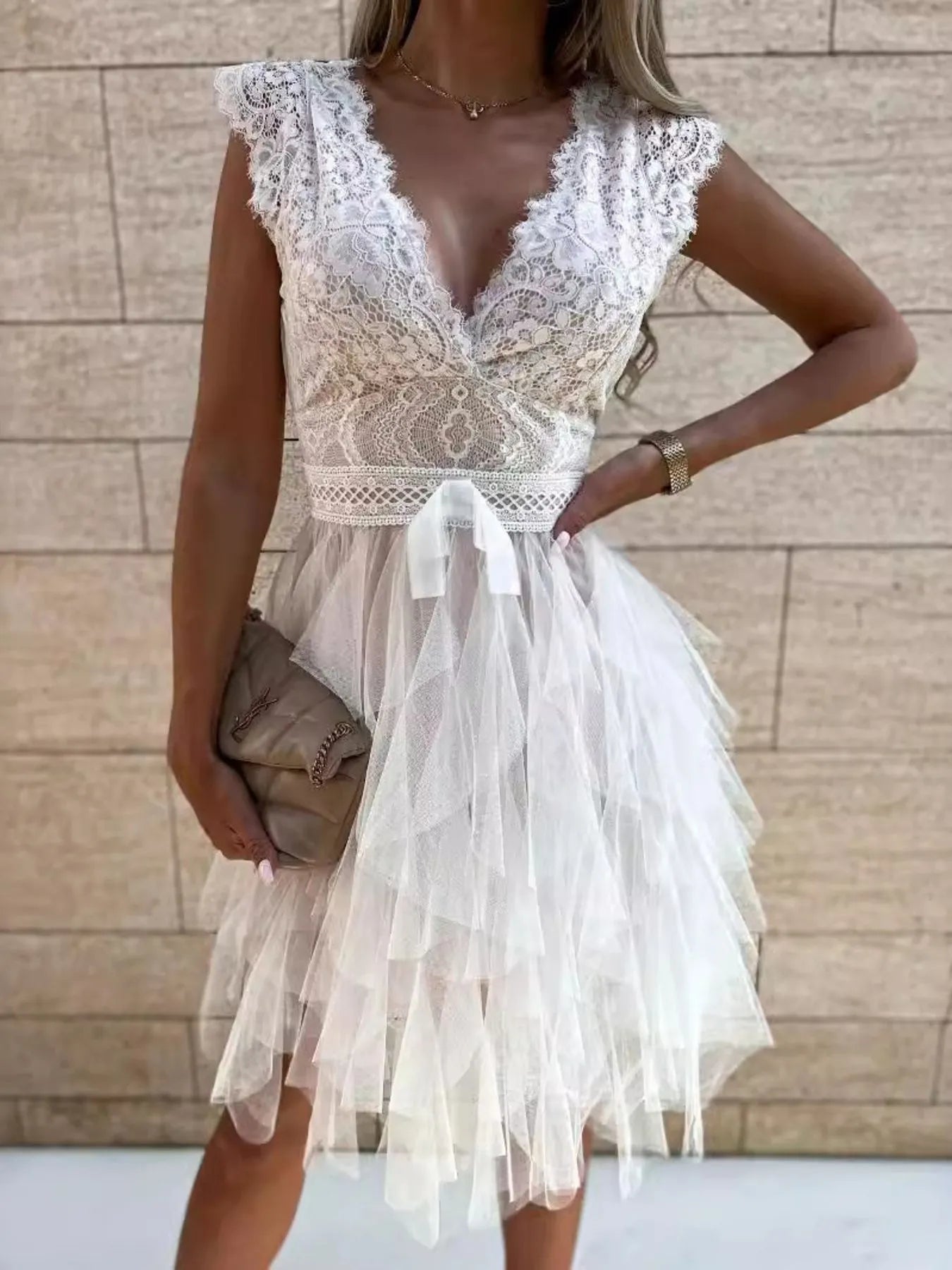 Lace V-Neck Ruffle Dress in white with belted waist and tiered lace-tulle skirt
