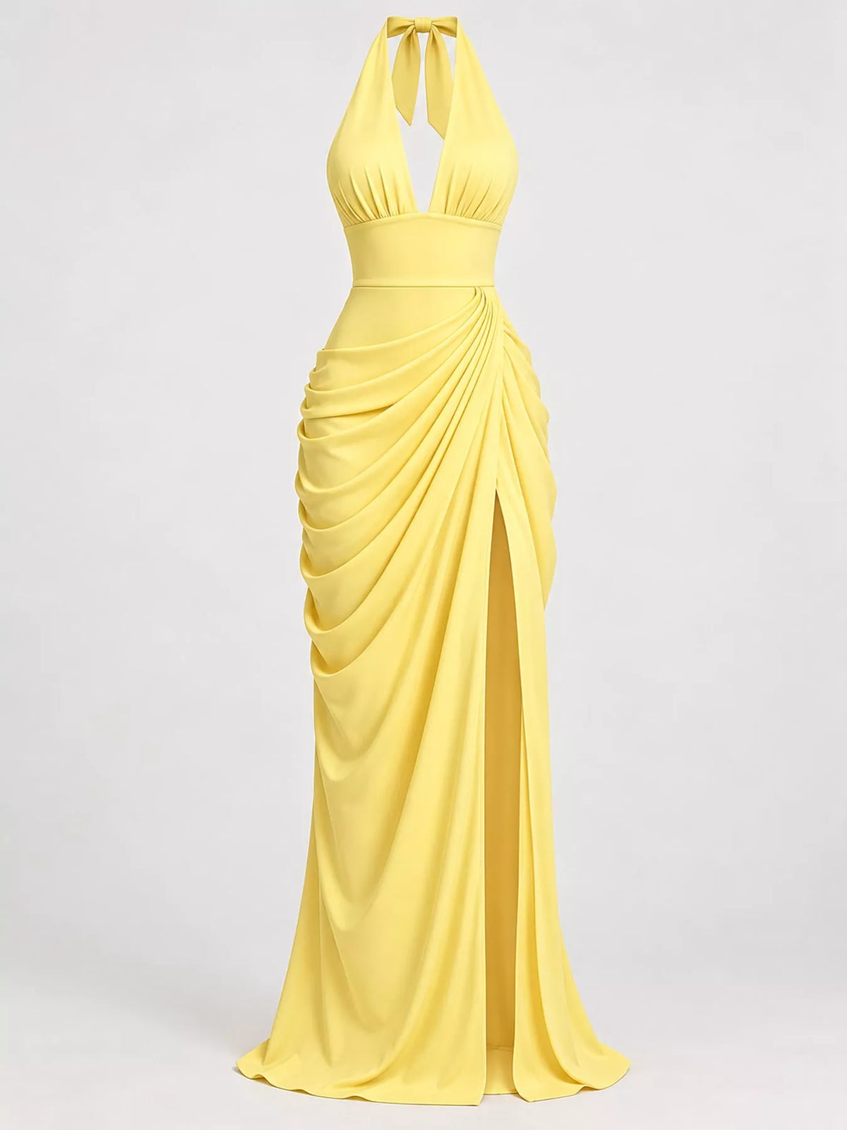 Yellow halter neck ruched bodycon maxi dress with high slit