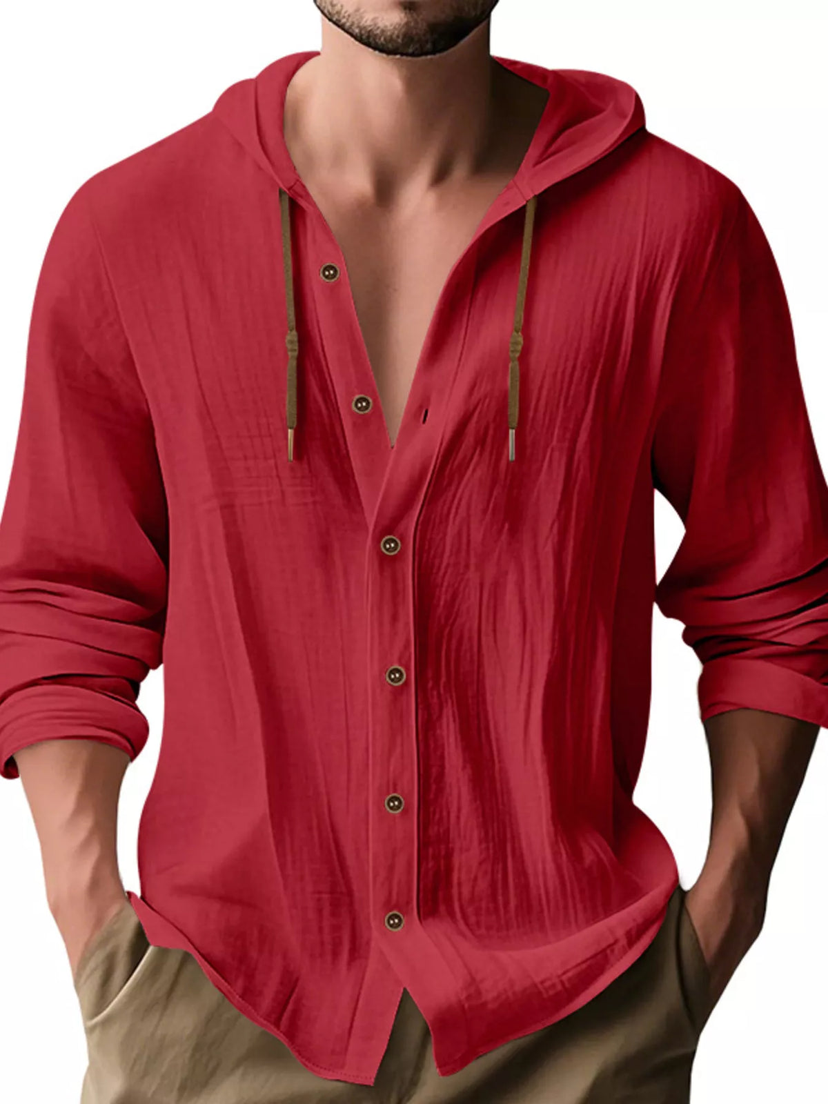 Men's red linen hooded button shirt with drawstring cords and front button placket