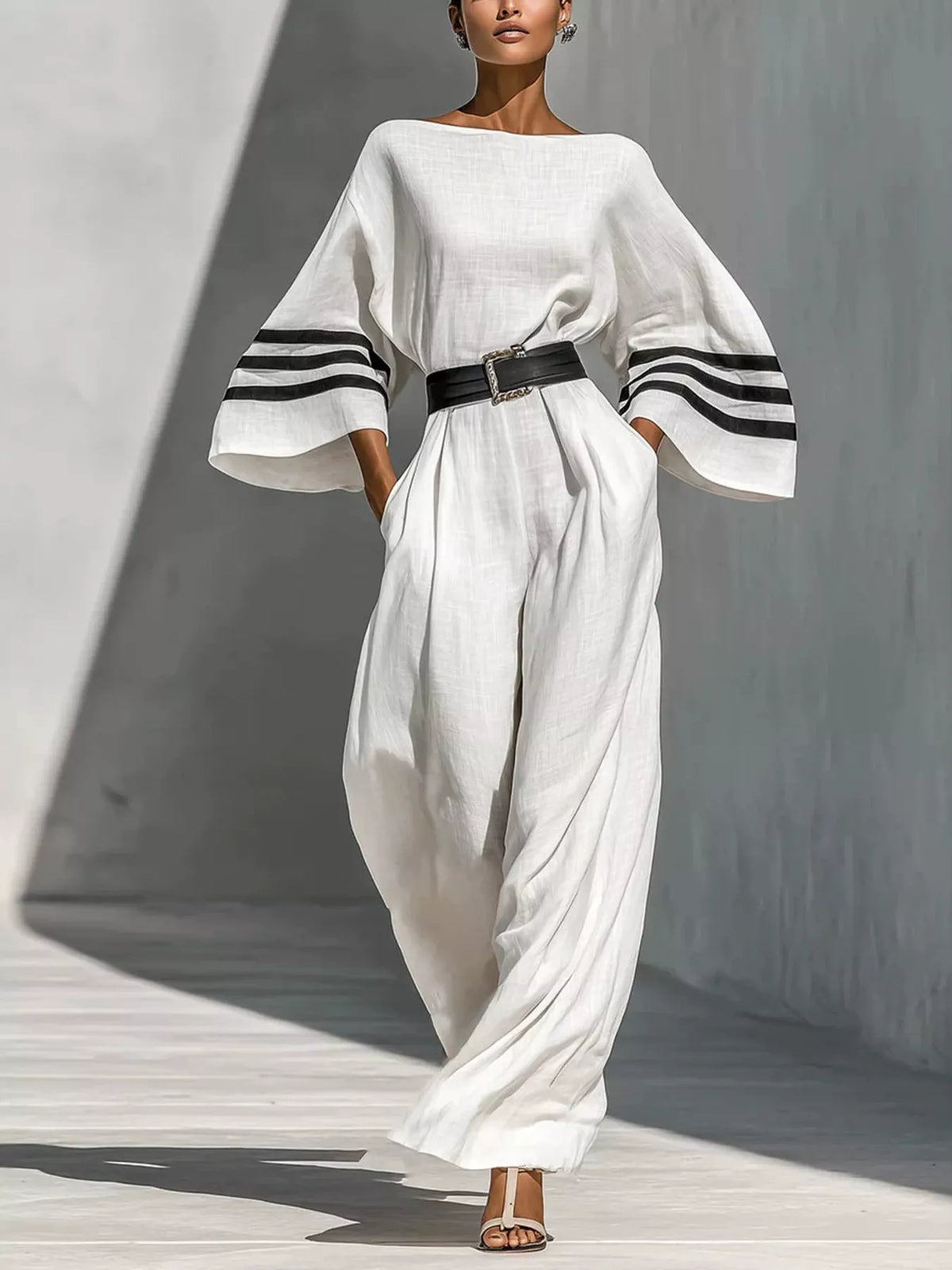 White wide-sleeve jumpsuit with striped cuffs and cinched waist belt