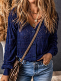 Blue openwork button-up cardigan with V-neck, long sleeves, and button front detail