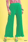 Green textured wide-leg pants with straight wide legs and elastic waist