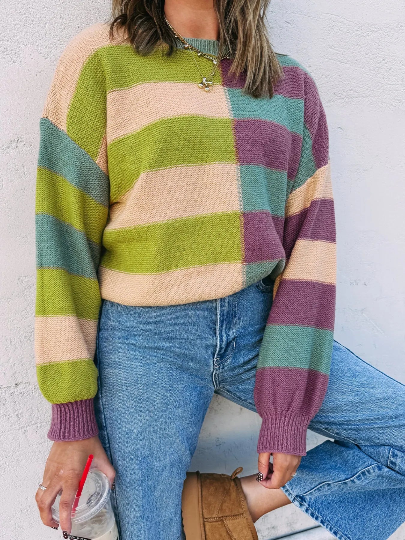 Multicolor striped drop-shoulder sweater with ribbed knit cuffs and crew neckline