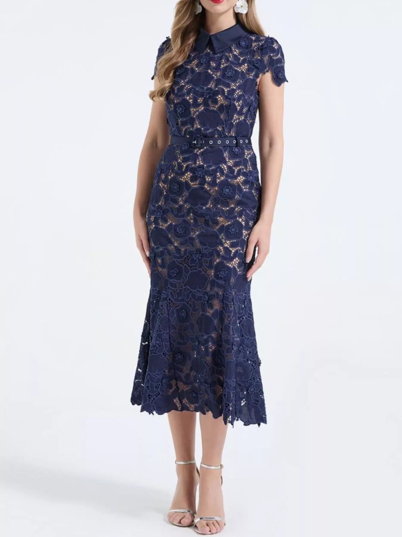 Cedar & Moore floral lace short sleeve navy midi dress with belt