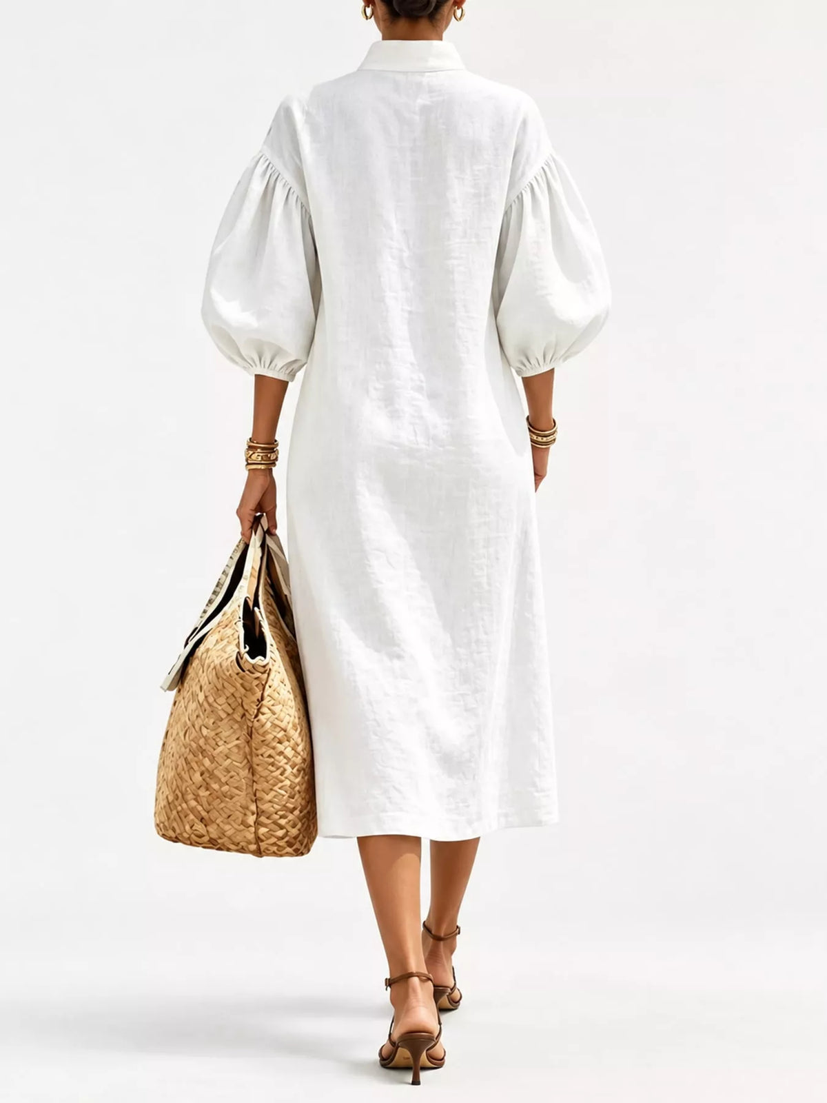 White back view midi dress with half-zip and balloon puff sleeves
