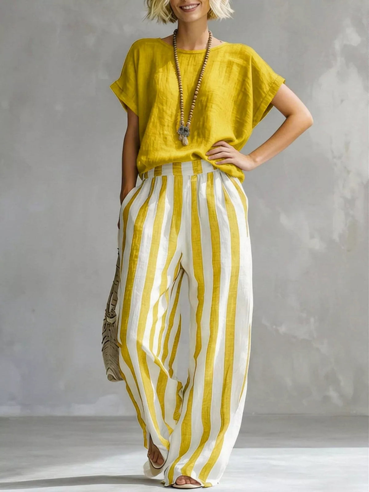 Yellow short-sleeve top with wide-leg pants in vertical white-and-yellow stripes