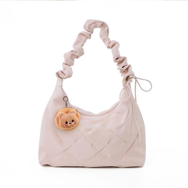 Ruched Handle Shoulder Bag, medium pink PU leather with ruched handle and plush bear charm