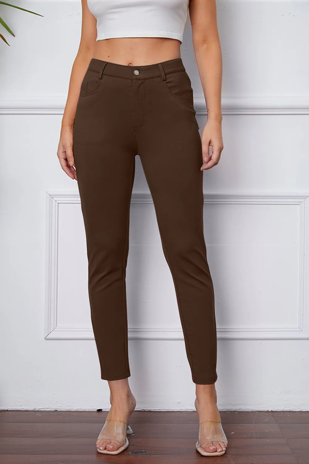 StretchyStitch pants, mocha brown, button closure, belt loops, slim ankle length