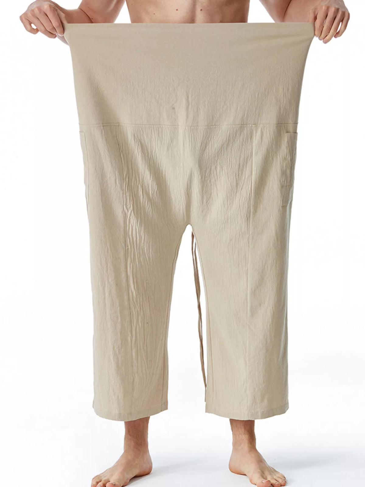 Men's khaki loose-fit drawstring pants, wide leg